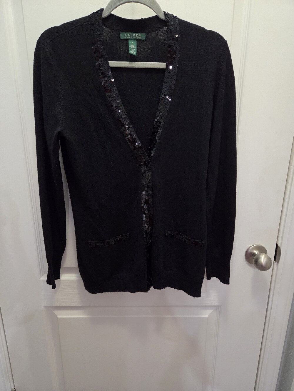 Lauren Ralph Lauren Black V-Neck Sequin-Trim Cardigan Sz M
